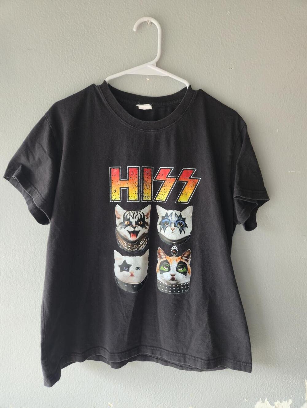 Black Graphic HISS Cat Print T-Shirt Size Small